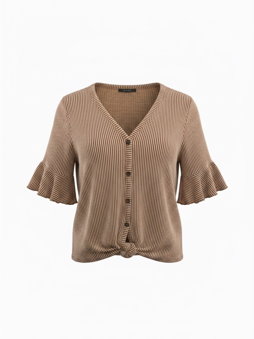 Button-Front Ribbed V-Neck Top with Tie Hem
